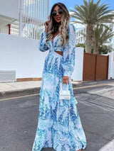 Damen Maxikleid – Leichter Stoff – Tropenprint – Ärmellos – Sommerstil – Blau