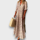 Seriva – Fließendes Maxikleid mit feinem Ethno-Flair – Beige