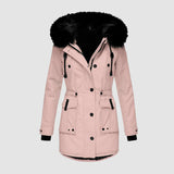 Stylischer - damenparka mit schwarzem kunstfellbesatz – Rosa