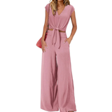 Michelle - V-Ausschnitt Crop Top mit Knoten vorne und weit geschnittene Hose Set – Pink