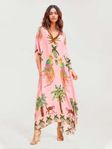 Langes schwarzes Kleid mit tropischen Papageiendruck – Rosa