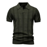 Herren T-Shirt - Offener Polokragen mit Vertikalem Muster | Slim Fit – Grün