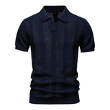 Herren T-Shirt - Offener Polokragen mit Vertikalem Muster | Slim Fit – Blau