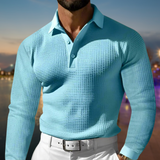 Herren T-Shirt - Rekken Fit Polo mit langen Ärmeln und Waffeltextur | Elegant – Hellblau