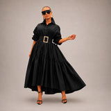Midikleid Annelie™ mit Hemdkragen, weiten Ärmeln und fließendem Schnitt – Schwarz