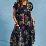 Damen Lässig Blumenmuster Kleid | Midi – Marineblau