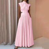 Damen Maxi Kleid – Polyester – Ärmellos mit Hohem Ausschnitt – Elegant für den Sommer – Rosa
