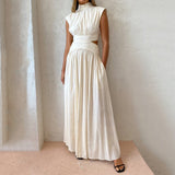 Damen Maxi Kleid – Polyester – Ärmellos mit Hohem Ausschnitt – Elegant für den Sommer – Weiß