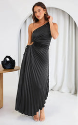 Sylviana - Ein-Schulter Plissiertes Midi-Kleid – Schwarz