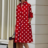 Masha - Fashion Langarm Kragen Midikleid – Rot polka