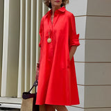 Masha - Fashion Langarm Kragen Midikleid – Rot
