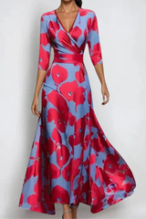 Elisa - Stilvolles Wickelkleid mit floralen Motiven – ROT/BLAU