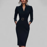Damen Langarm Gegürtet Midi Etui Kleid – Schwarz