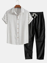 Stilvolles Herren Sommer-Set | Gestreiftes Hemd & Leinen-Mix Hose – Weiß & Schwarz