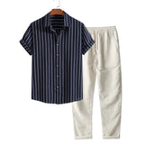 Stilvolles Herren Sommer-Set | Gestreiftes Hemd & Leinen-Mix Hose – Marine