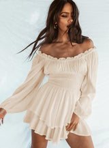 Ria | Elegantes Off Shoulder Kleid mit Ärmeln – Beige