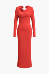 Clothilde | Elegantes Rückenfrei Langarm-Maxikleid mit Blumendetail – Rot
