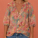 Bedruckte Bluse mit V-Ausschnitt und Knopfverschluss für Damen | Mireya – Rot