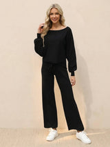Leilani | Weites Bein Rundhals Lounge Zweiteiliges Set – Schwarz