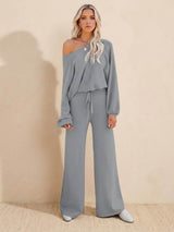 Leilani | Weites Bein Rundhals Lounge Zweiteiliges Set – Grau