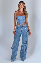 Roxana | Denim Set Cargo & Top – Blau