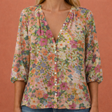 Bedruckte Bluse mit V-Ausschnitt und Knopfverschluss für Damen | Mireya – Rosa