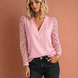 Damentop mit Spitzenärmeln und V-Ausschnitt für Damen | Iris – Rosa