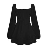 Vanessa | Rüschen Traum langen Ärmeln Minikleid – Schwarz