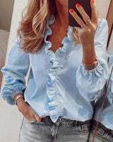 Nora | Rüschenbesatz Kappenärmel Bluse – Blau