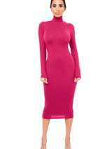 Damen Langarm Rollkragen Midi Etui Kleid – Dunkelrosa