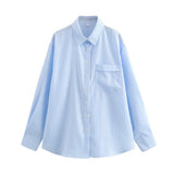 Damen Streifen Kragen Lang Bluse – Blau