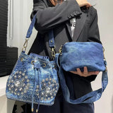 Damenmode Diamant Schultertasche Große Kapazität Zugband Denim Handtasche Elegante Optik – Blau
