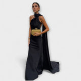 Elegantes Off-Shoulder Halter Maxikleid – Schwarz