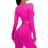Yoga Set Langarmoberteil Fitnesshose 2-teilig - Atmungsaktiv & Bequem für Frauen – Rosa Rot Set