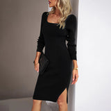 Damen Langarm Gestrickt Midi Etui Kleid – Schwarz