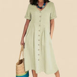 Vivienne - Kurzen Ärmeln Baumwoll Kleid – Beige