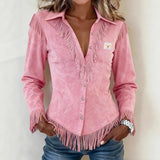 Zanea - Bluse mit Fransendetails und Knopfleiste in Soft-Touch-Qualität – Pink