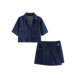 Damen-Denim-Set – Kurzarm-Jeansjacke & Asymmetrischer Minirock – Dunkler Denim