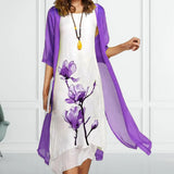 Daisy | Blumenmuster Transparent Cardigan Zweiteiliges Set – Lila