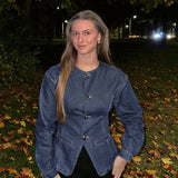 Damen-Denim-Set – Elegantes Tailliertes Jeansjacke & High-Waist Wide-Leg Hose – Dunkler Denim
