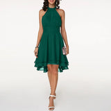 Zaleia – Elegantes Chiffonkleid mit hohem Kragen – Grün