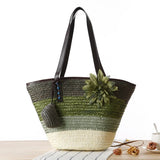 Große Strohtasche Damen – Handgefertigte Strandtasche mit Vegan-Leder-Trägern – Armeegrün