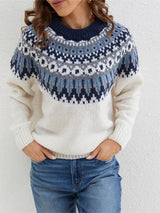 Norweger Grobstrickpullover Damen | Rundhals Mit Fair Isle Muster – Weiß