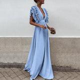 Elysia – Maxikleid mit tiefem V-Ausschnitt und Rüschenärmeln – Blau