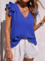 Jade | Rüschenärmel Rundhals Top – Blau