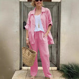 Yasmine™ Baumwoll-Leinen-Set mit Button-down-Hemd und verstellbaren Ärmeln – Rosa