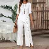 Celinor™ Set Mit Fließender Bluse und Marlenehose – Weiß