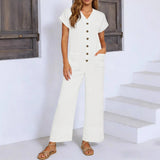 Cannes™ Jumpsuit mit Knopfleiste vorn und V-Ausschnitt – Weiß