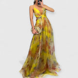 Giselle | Maxi Kleid Premium Blumenmuster – Gelb