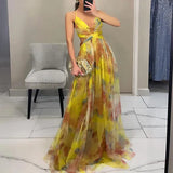 Lange Blumenmuster Kleid mit Verstellbaren Trägern für Frauen | Ideal für Sommer und Besondere Anlässe – Gelb